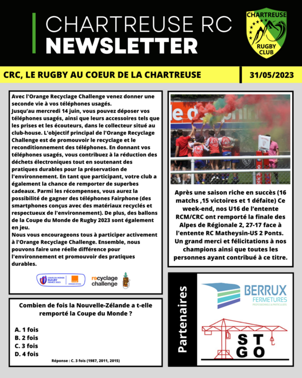 Newsletter du Chartreuse Rugby Club du 31/05/2023